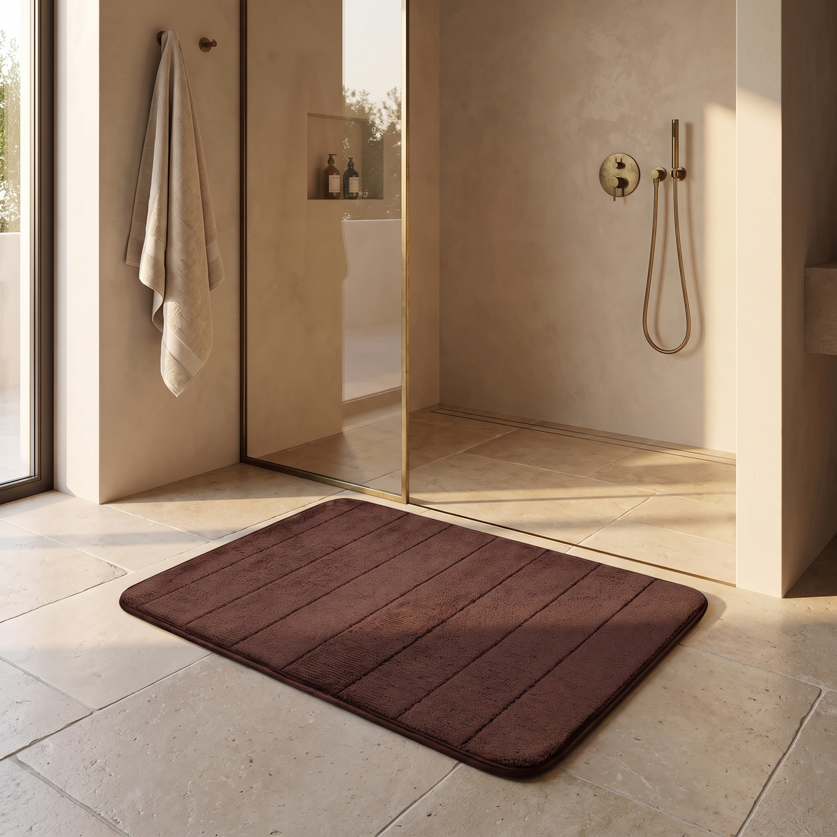 Ultra soft anti slip bath mat beside a walk in shower