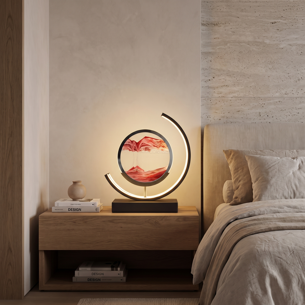 Quicksand rotating LED table lamp lit on an oak bedside table