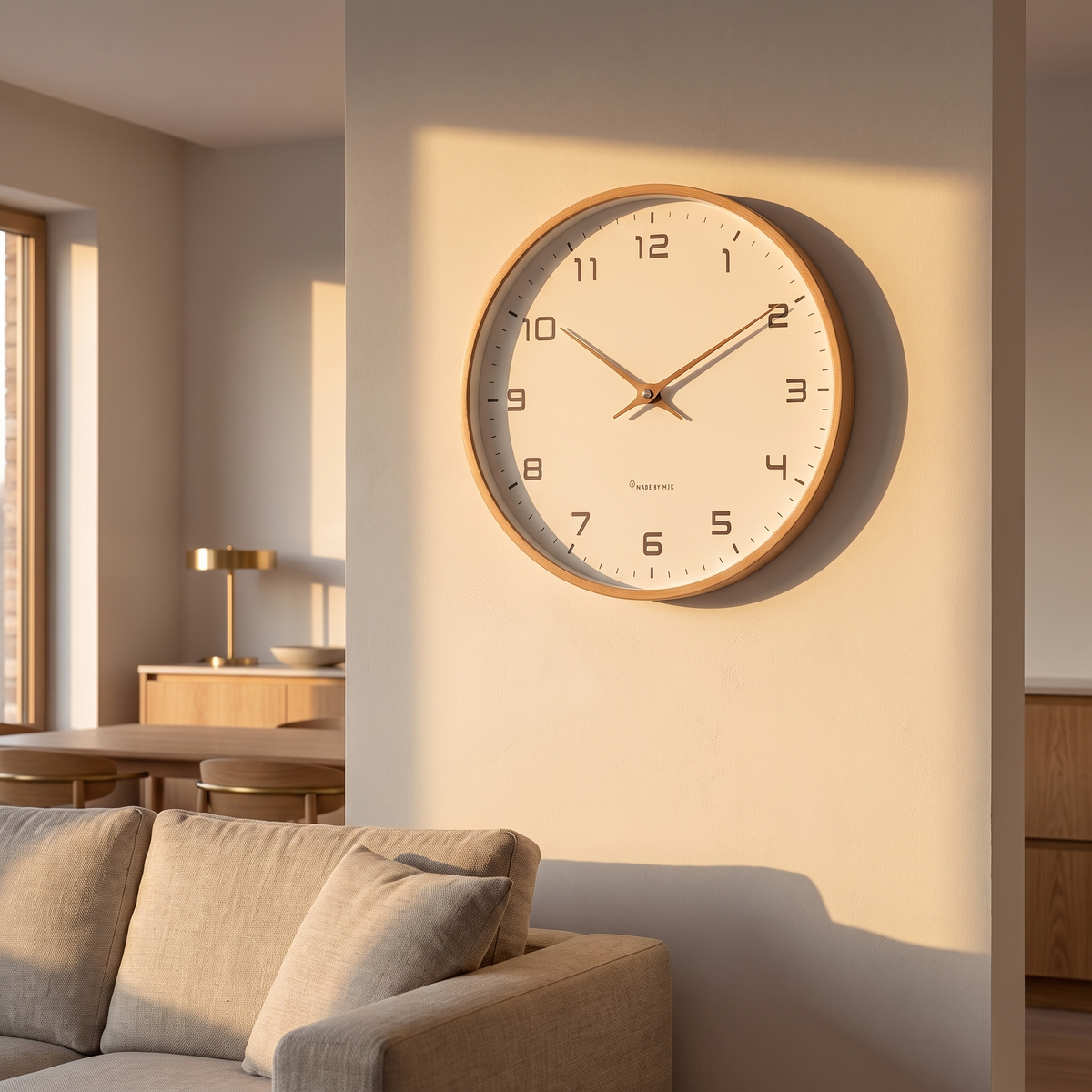 Nordic minimalist wood frame wall clock on a plaster wall