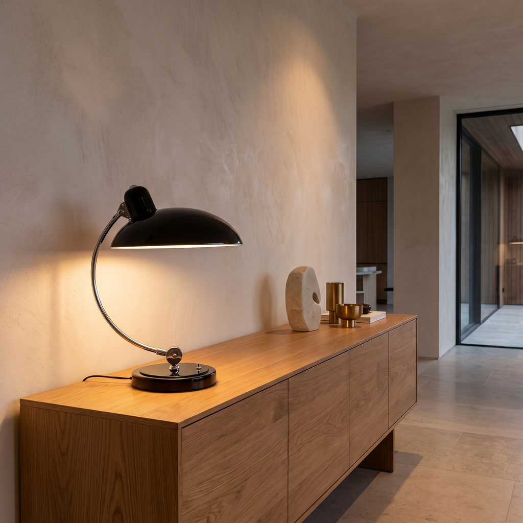Bauhaus inspired curved metal table lamp on an oak sideboard