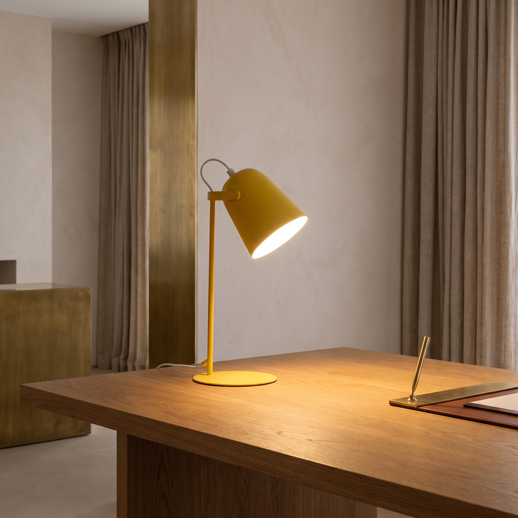 Nordic metal LED desk lamp lit on an oak desk