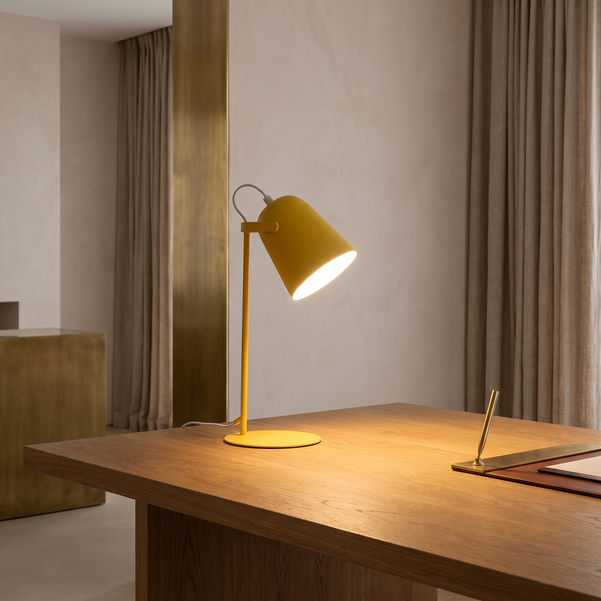 Nordic metal LED desk lamp lit on an oak desk
