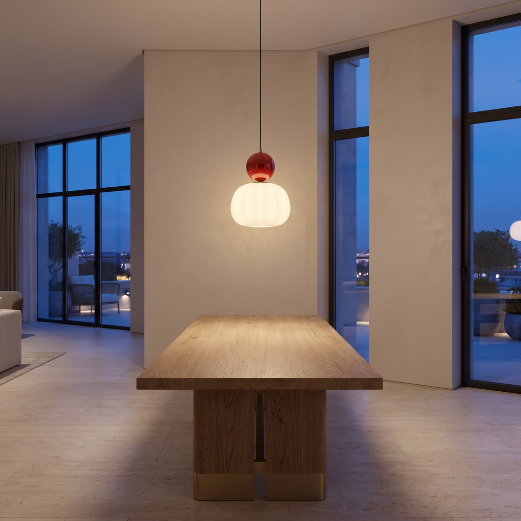 Ribbed pumpkin pendant light above a dining table