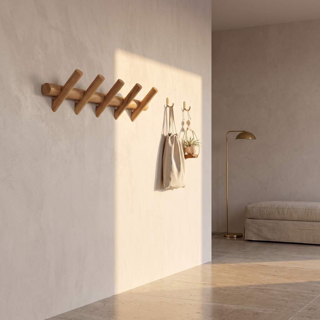 Solid oak wall rack with hooks in an entrance hall