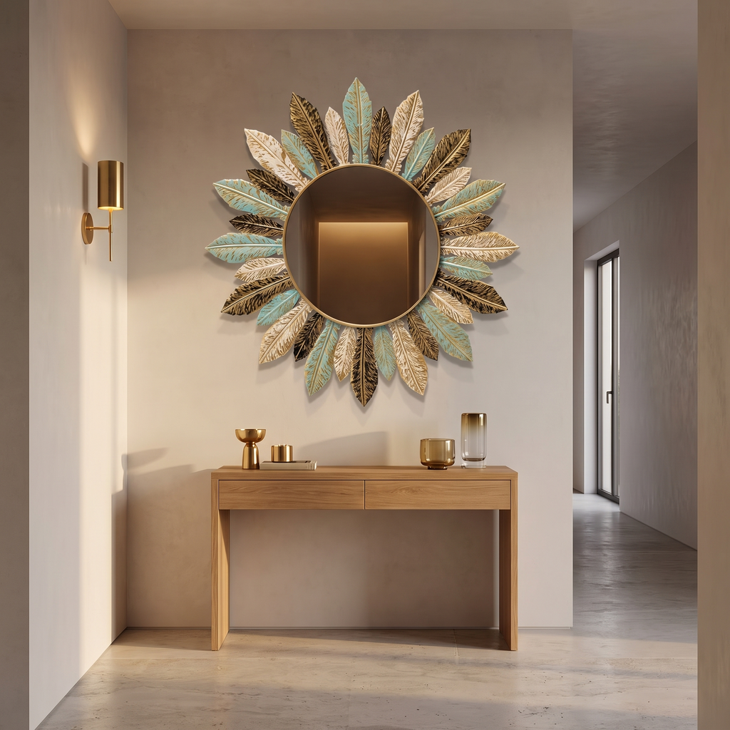 Sunburst metal wall mirror above an oak console