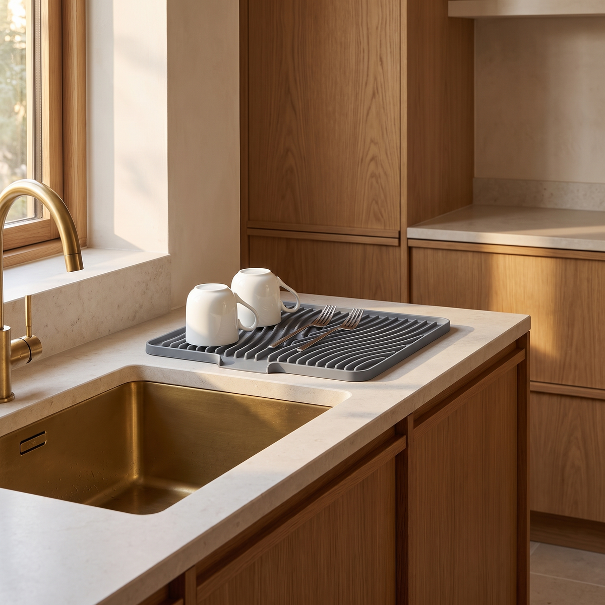 Absorbent countertop drain pad beside a kitchen sink