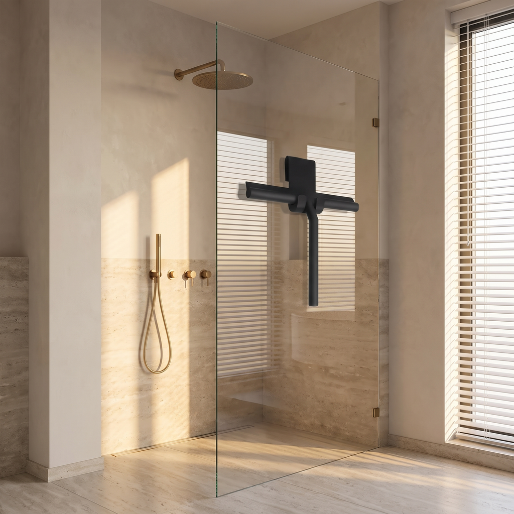 Silicone blade shower squeegee on a walk in shower screen