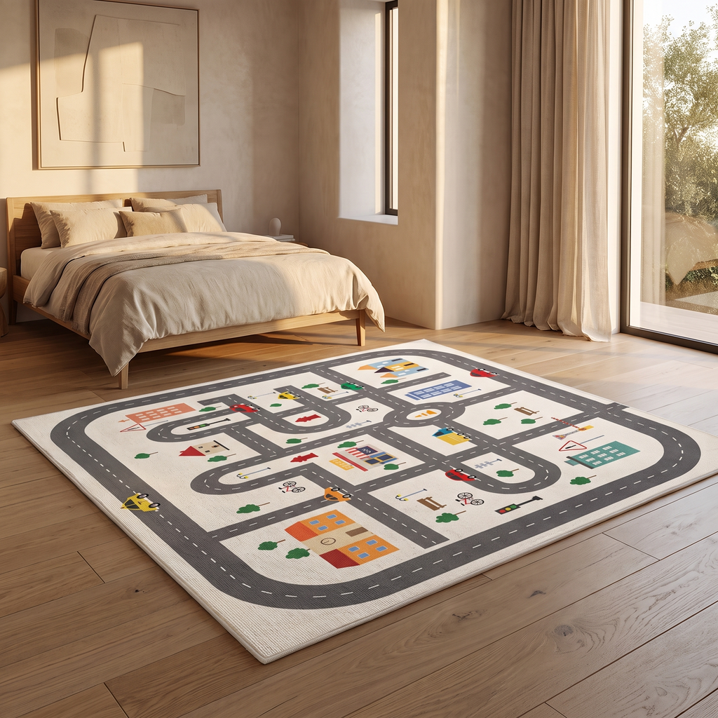 Printed road and parking play mat rug on a bedroom floor