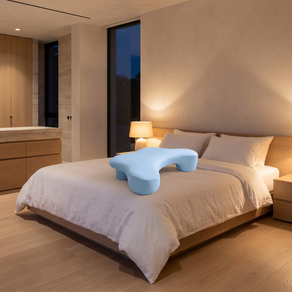 Side sleeper pillow with arm hole on linen bedding