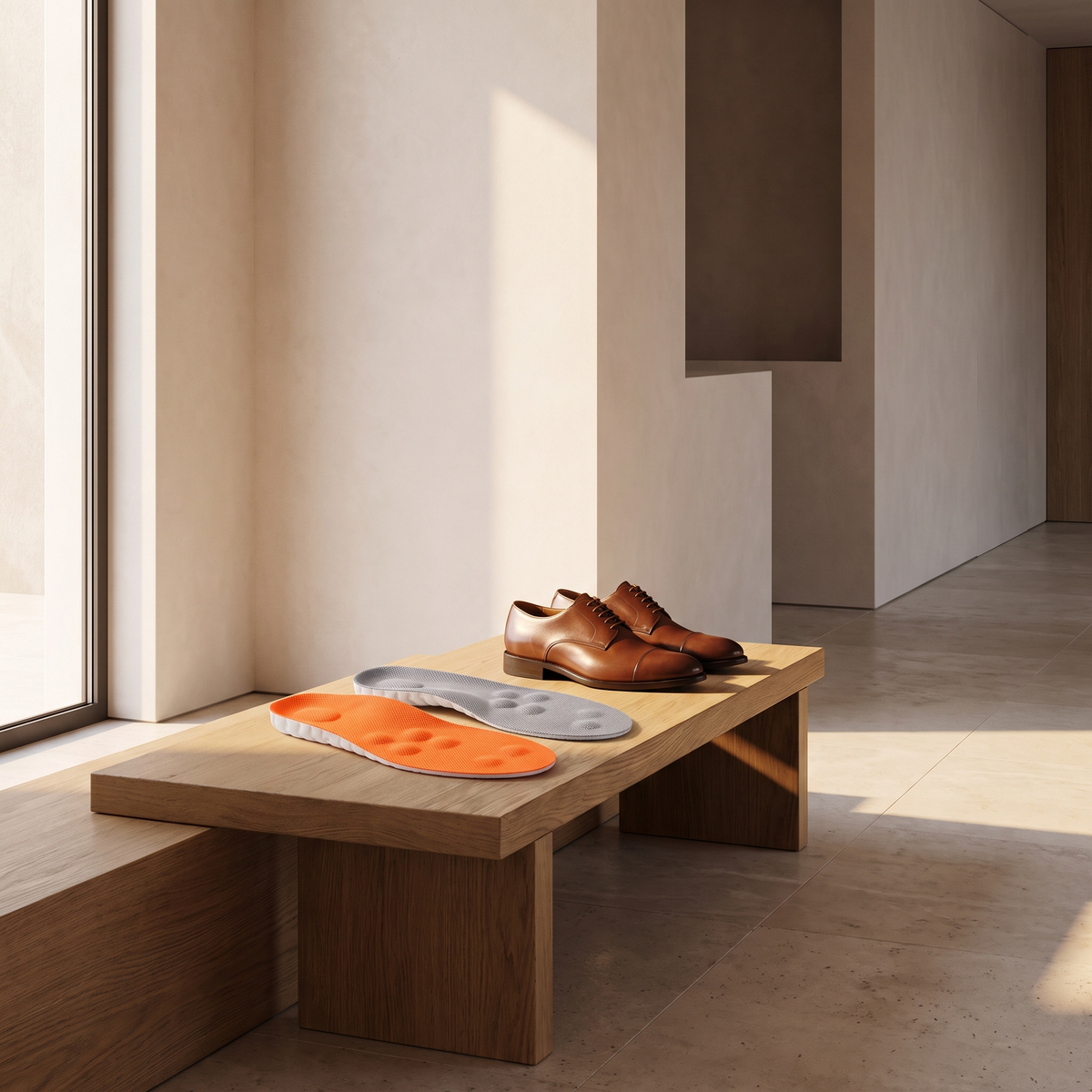 Memory foam insoles on an oak bench in an entrance hall