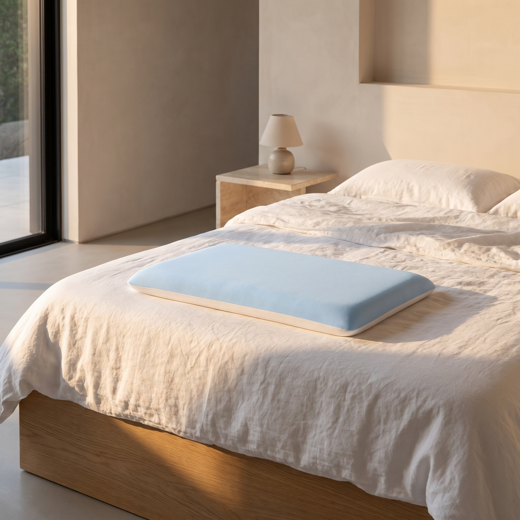 Ultra thin flat memory foam pillow on linen bedding