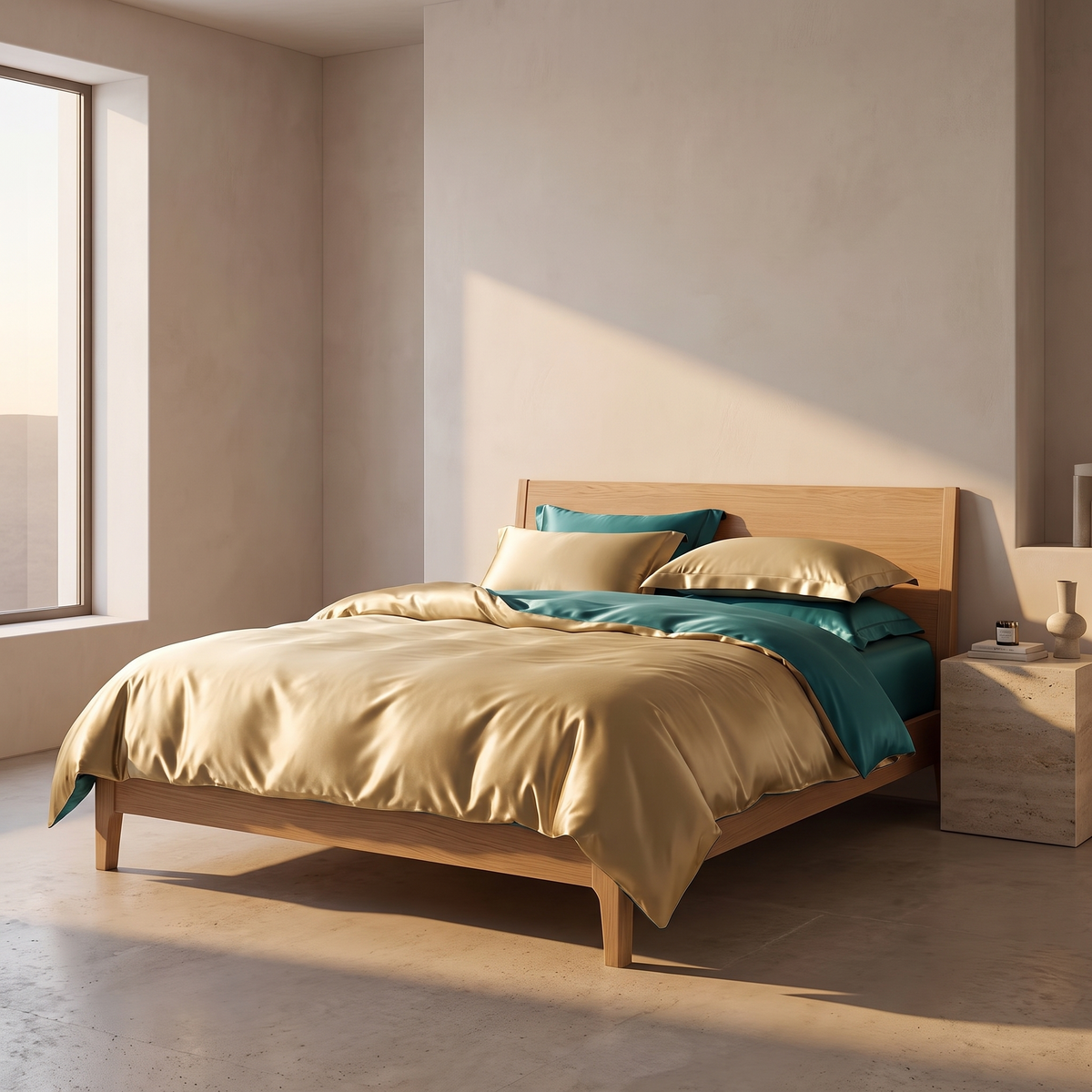 Mulberry silk bedding set made up on a bed