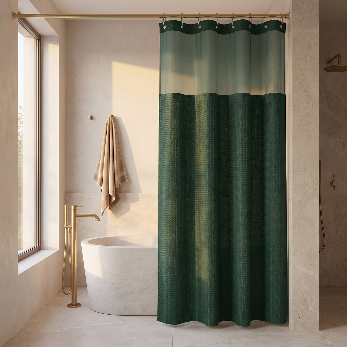 No hook shower curtain hanging beside a bath