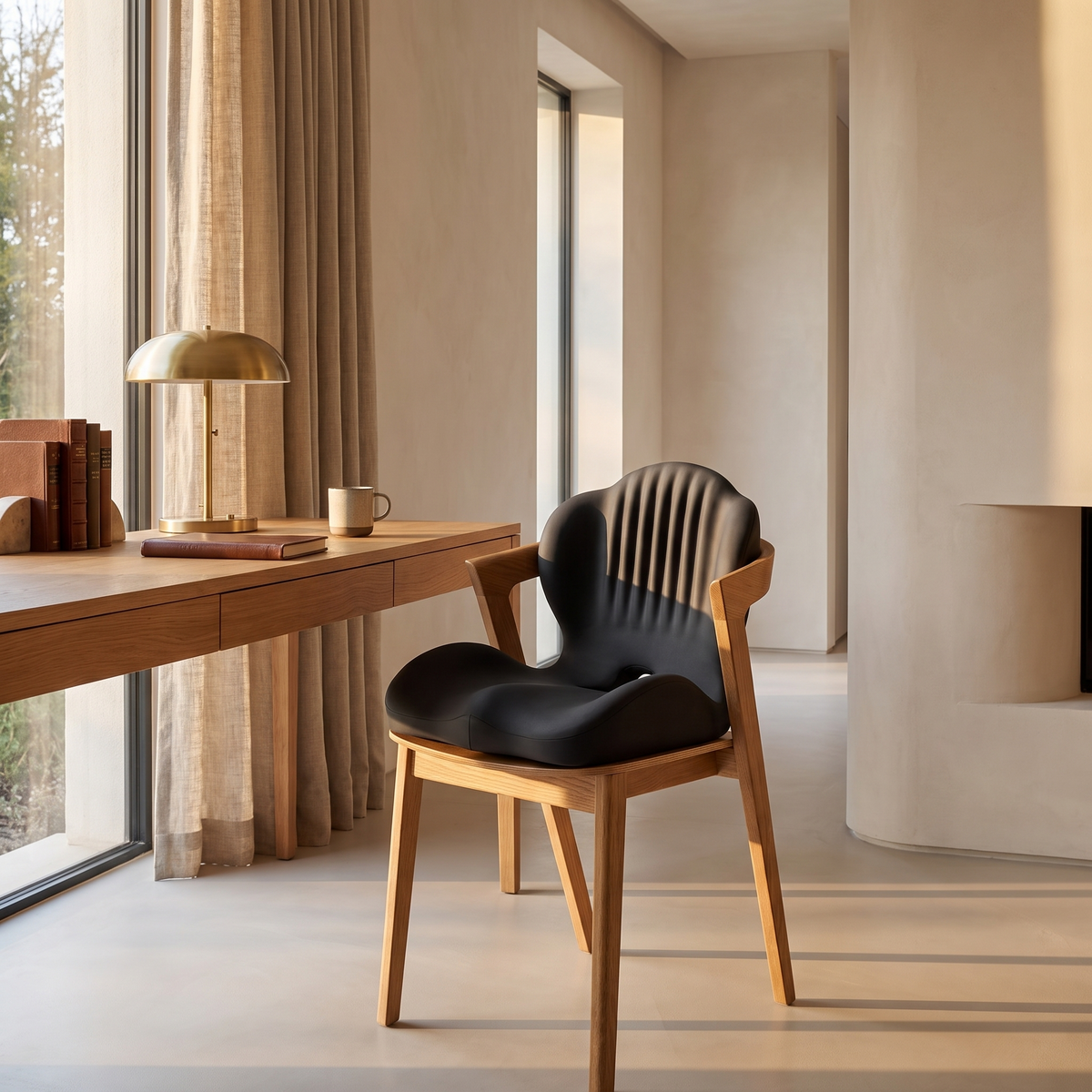 Contoured memory foam seat cushion on an oak desk chair