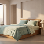 Bamboo bed sheet set made up on a bed with a turned back corner