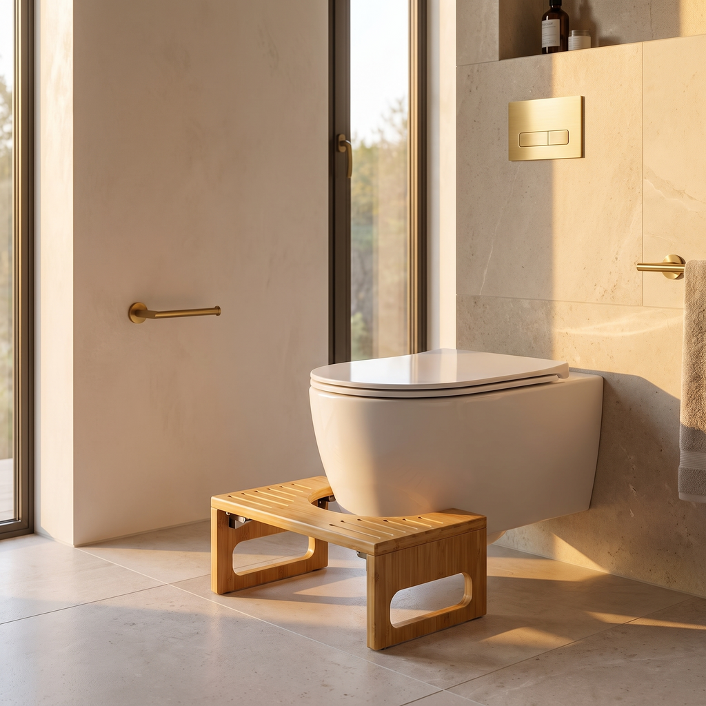 Bamboo foldable toilet stool at the base of a wall hung toilet