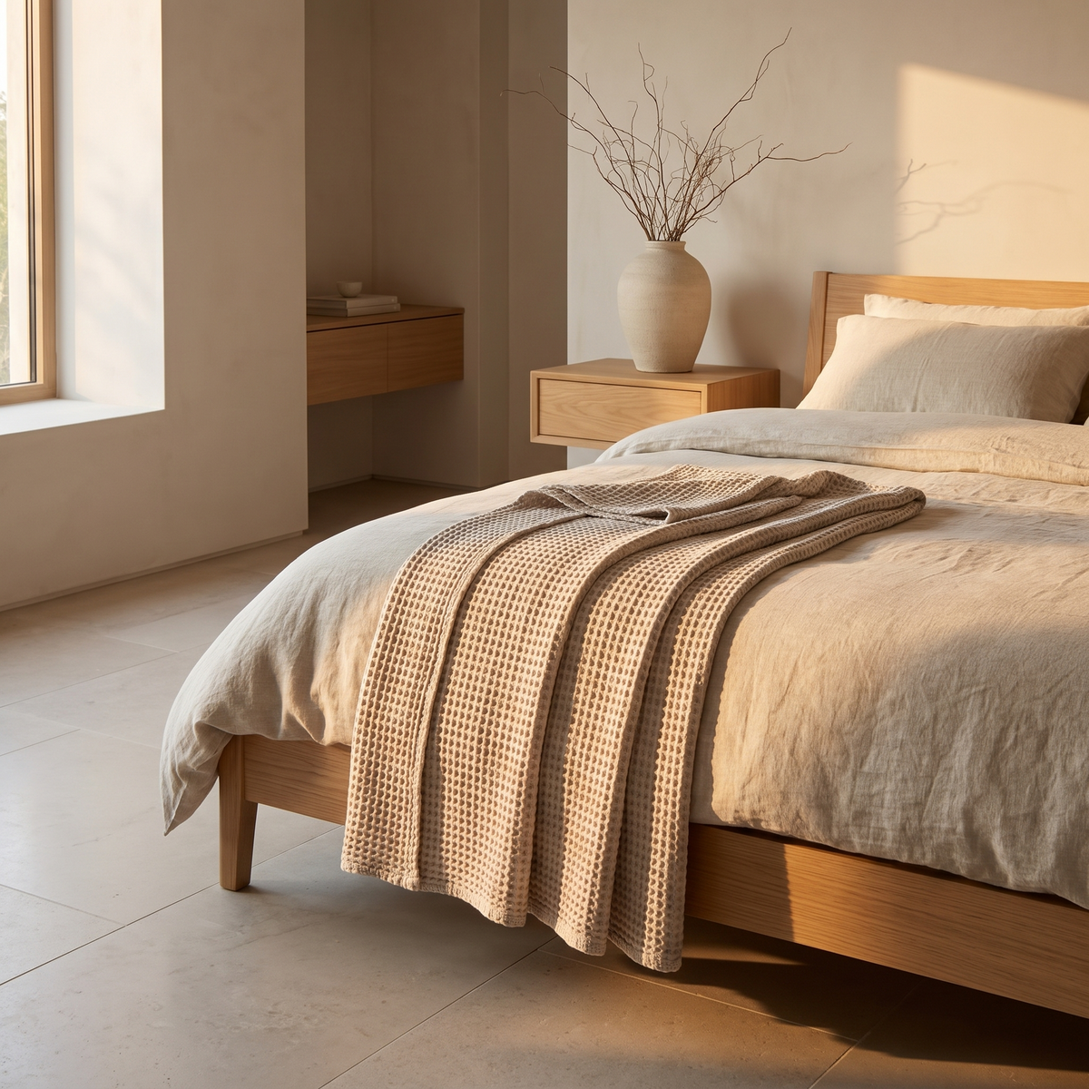 Lightweight waffle weave cotton blanket folded at the foot of a bed