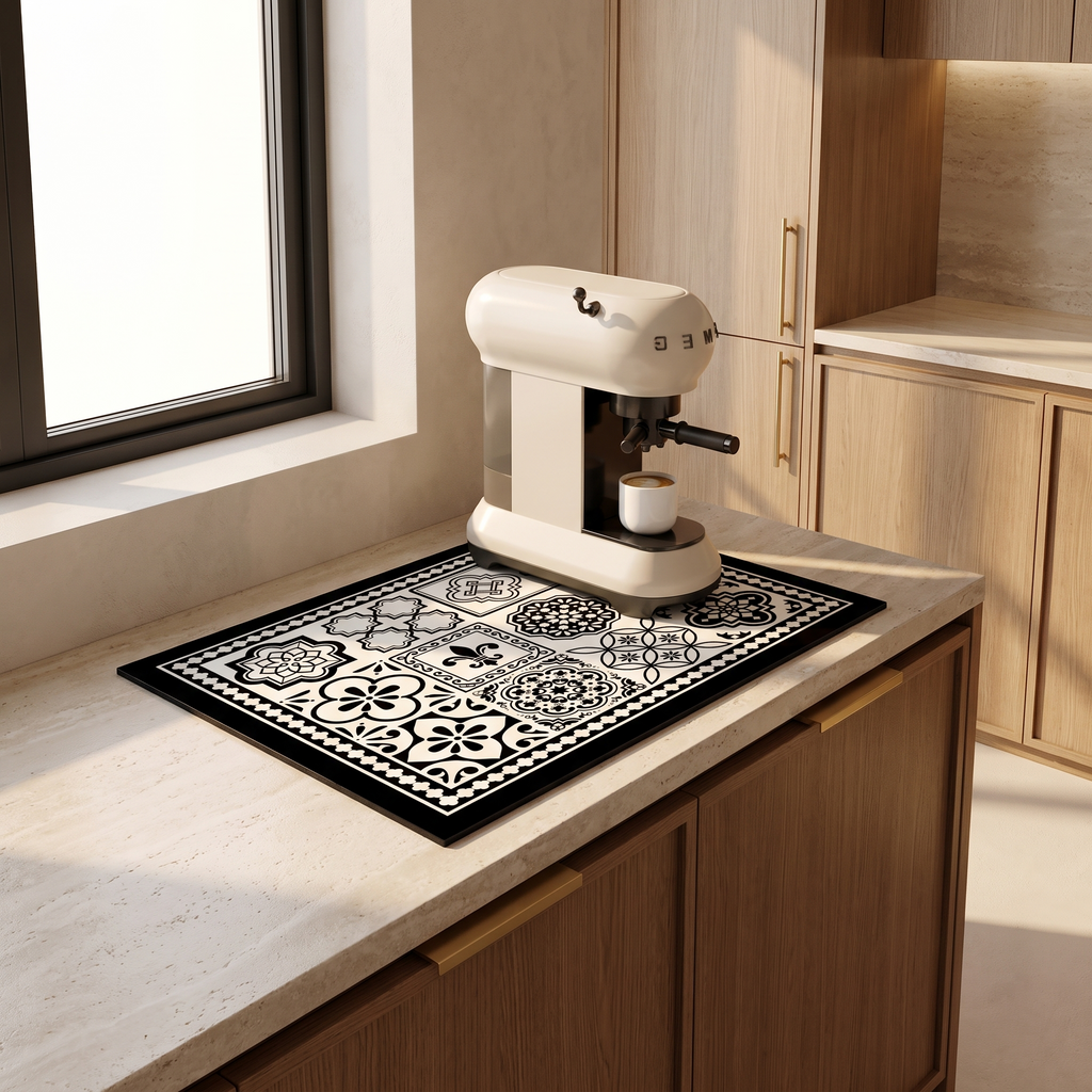 Retro coffee mat under a coffee machine on a kitchen worktop