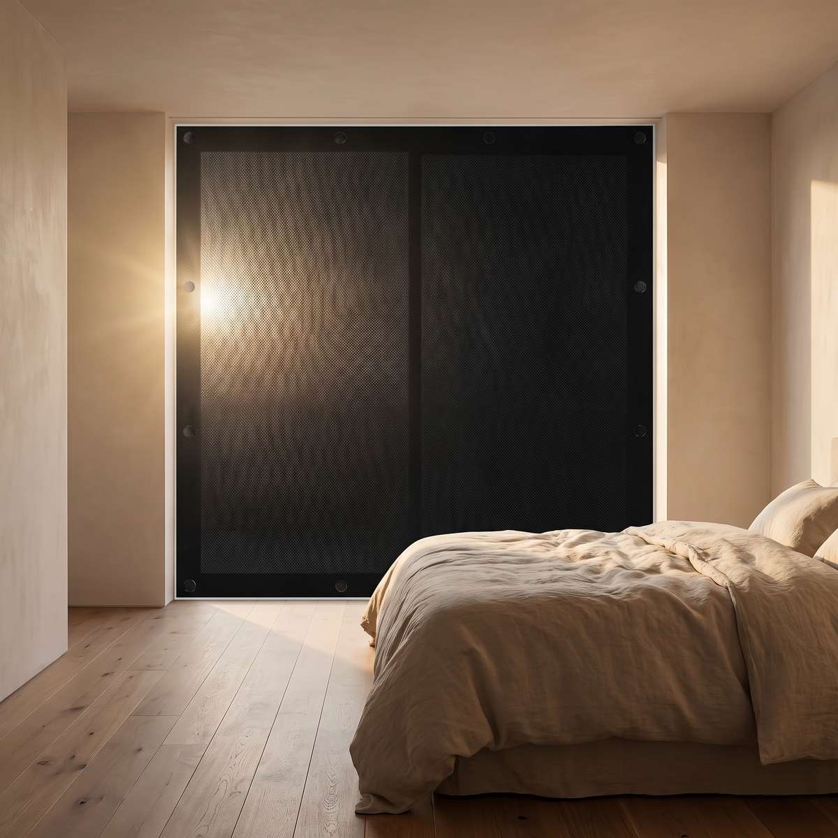 Magnetic blackout window shade fitted across a bedroom window