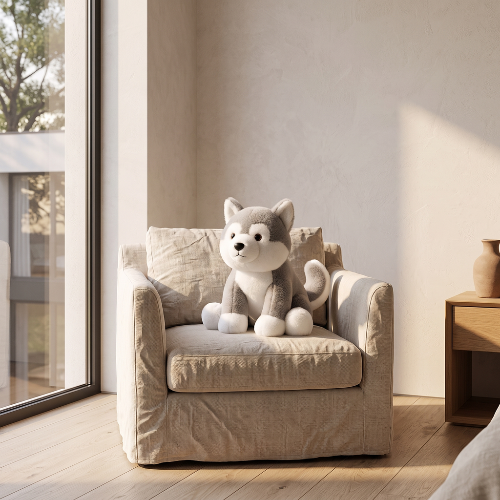 Weighted stuffed animal plush on a linen armchair