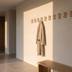 Matte aluminium wall hooks mounted in an entrance hall