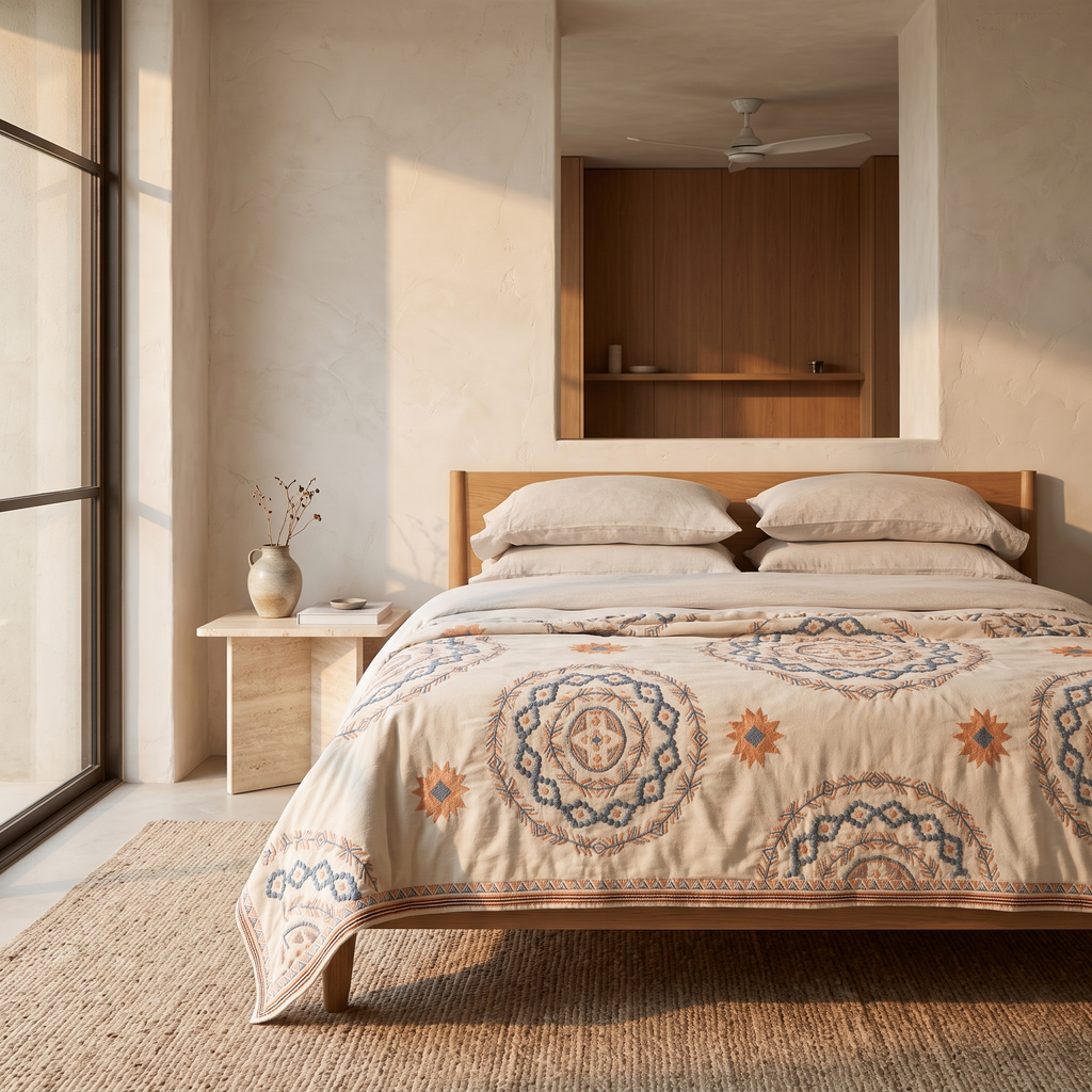 Cotton gauze boho bedspread across a made bed