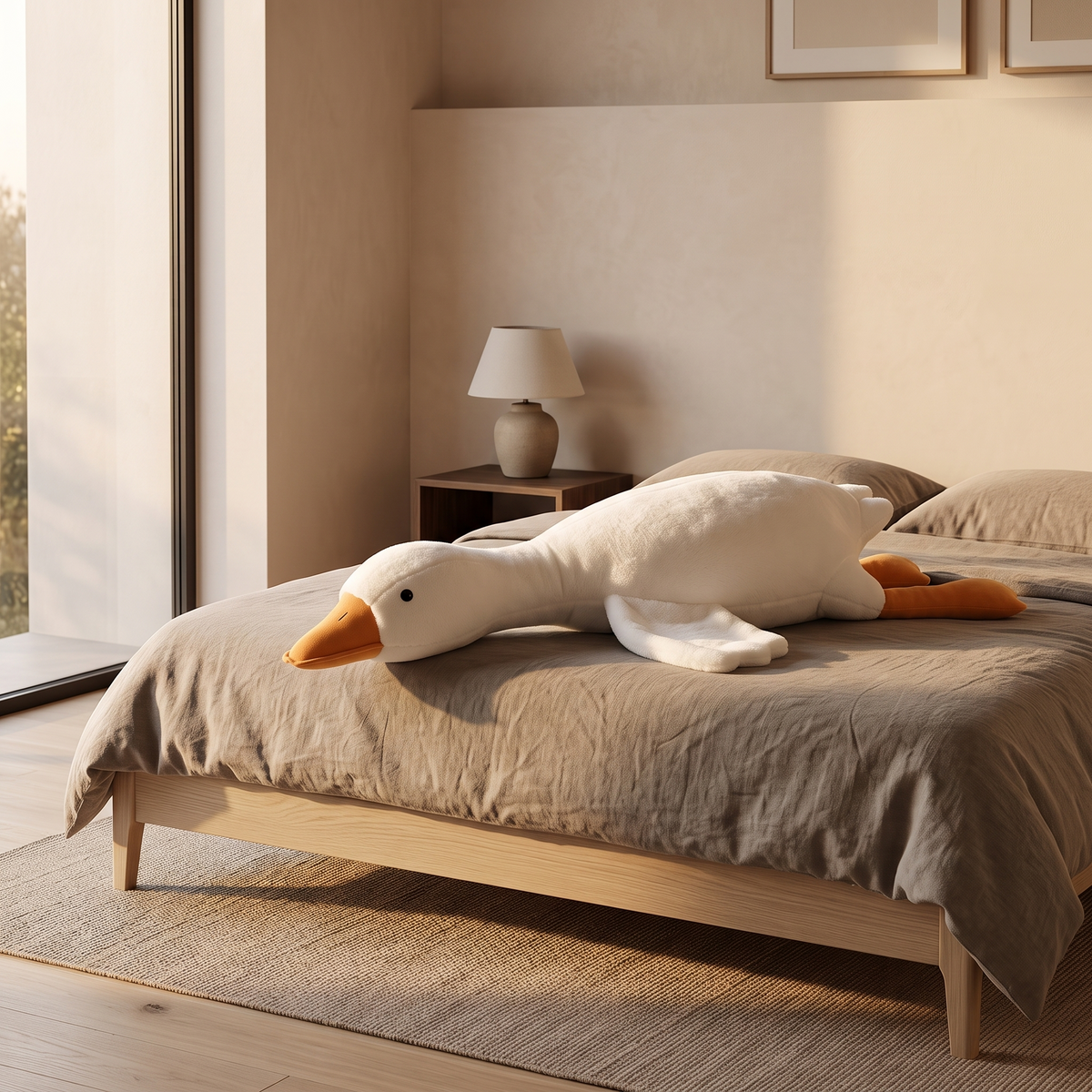 Long goose plush pillow lying along a made bed