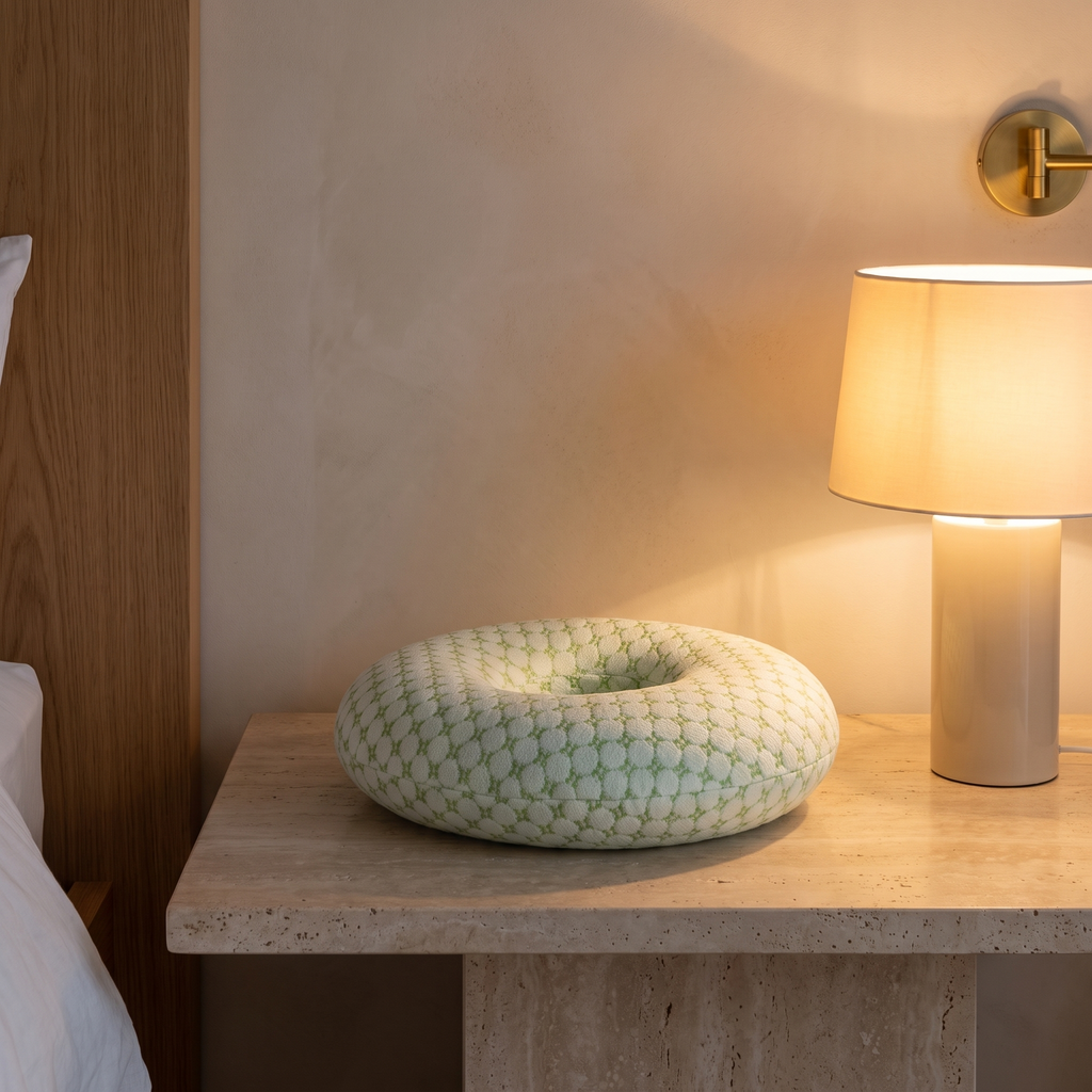 Small round donut ear pillow on a travertine bedside table beside a softly lit lamp