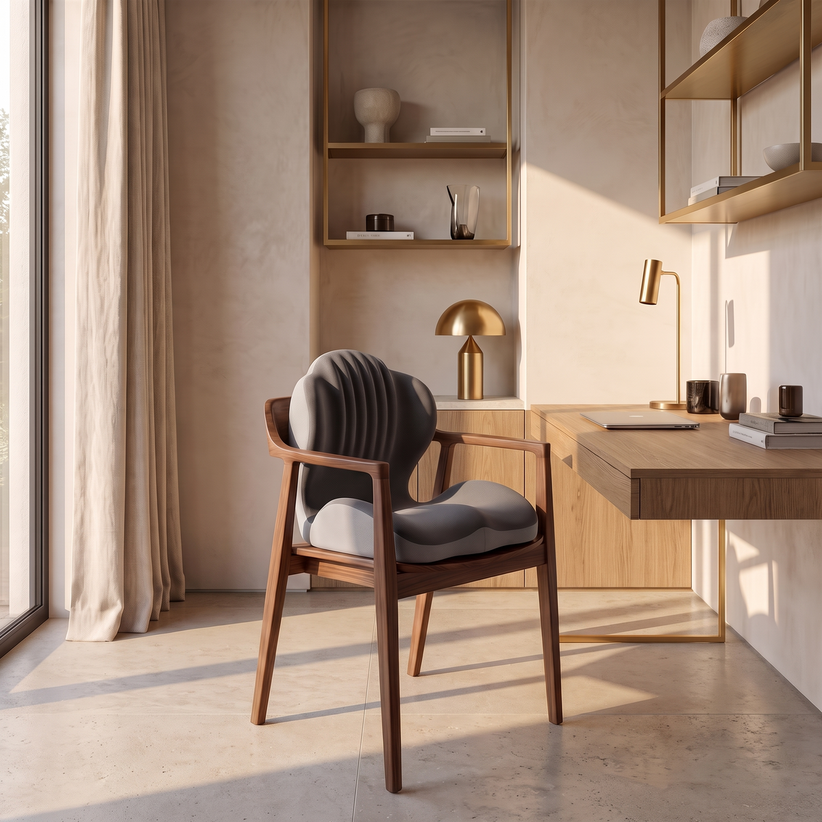 Orthopaedic memory foam seat cushion resting on the seat of a walnut desk chair in a quiet home study
