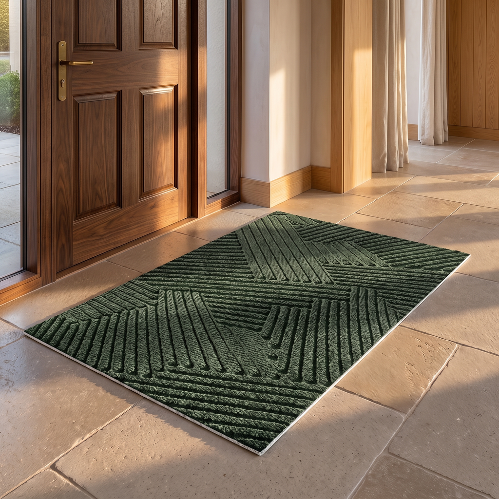 Non slip dirt trapper door mat on the floor of a panelled entrance hall just inside a dark front door