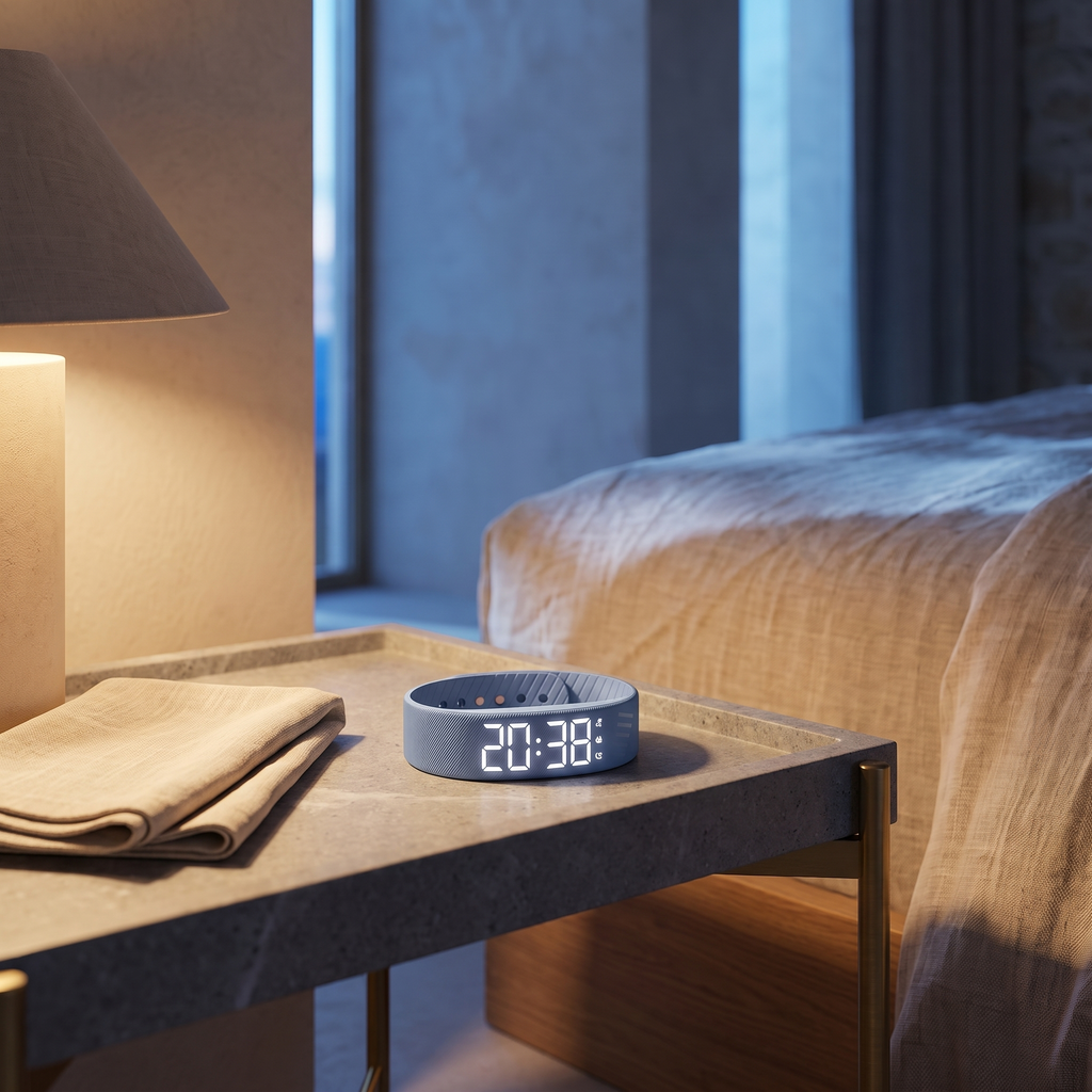 Slim vibrating alarm wristwatch on a honed stone bedside tray beside a folded linen cloth