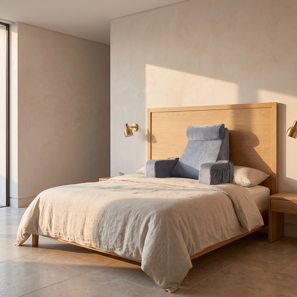 Orthopaedic bedrest reading pillow propped upright against the headboard of a neatly made linen bed