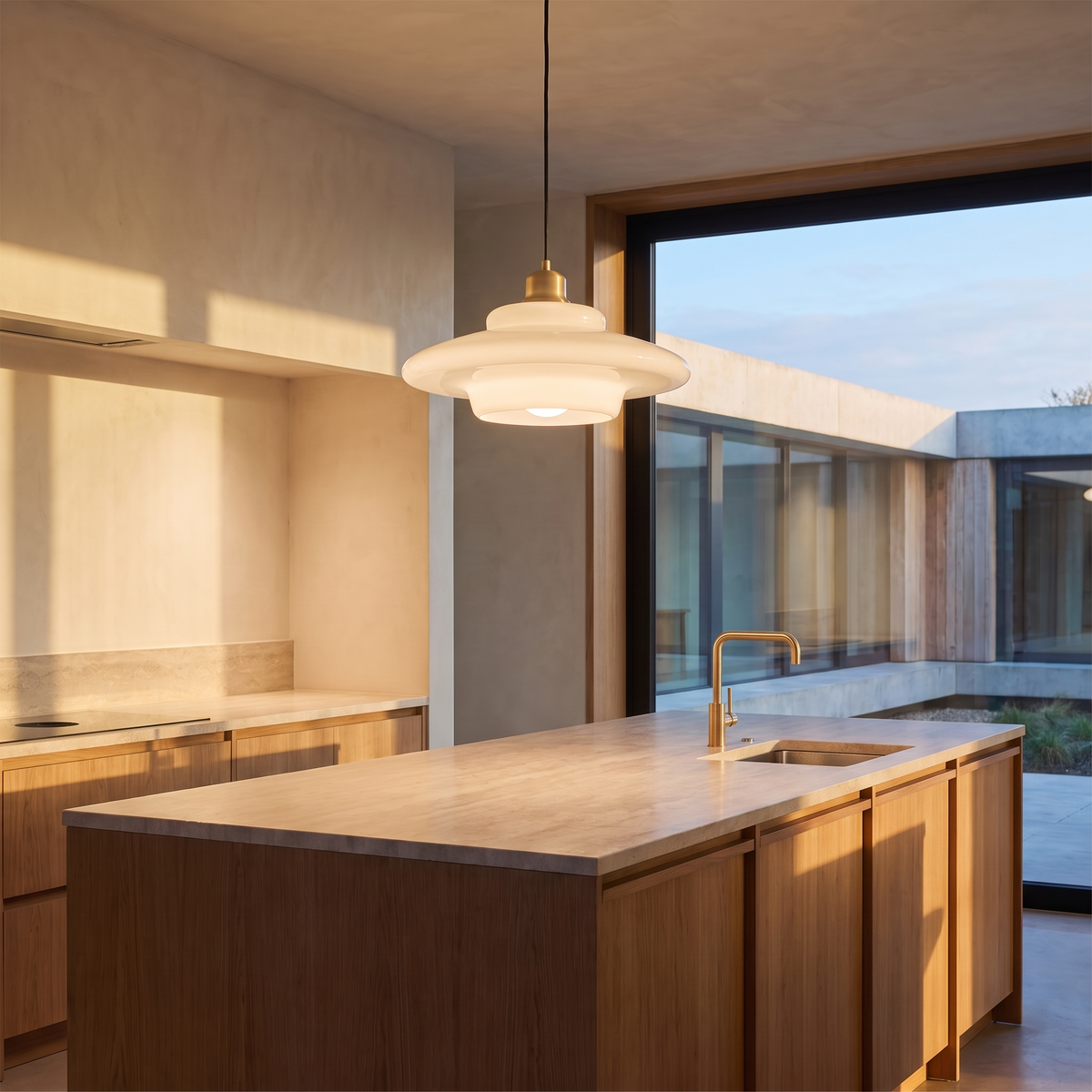 White glass mid century pendant light hanging above a honed stone kitchen island