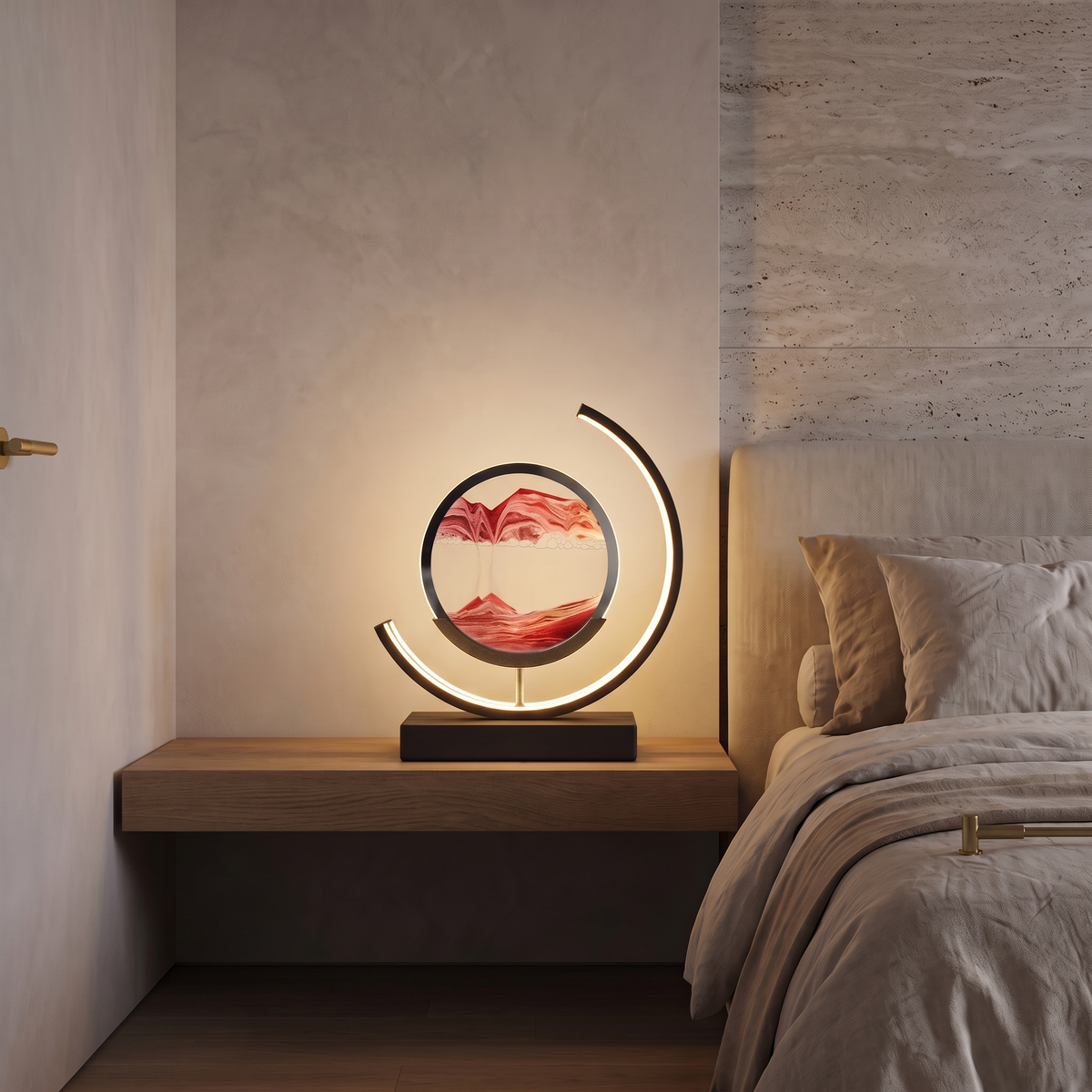 Rotating quicksand LED table lamp on a floating oak shelf in a dim bedroom
