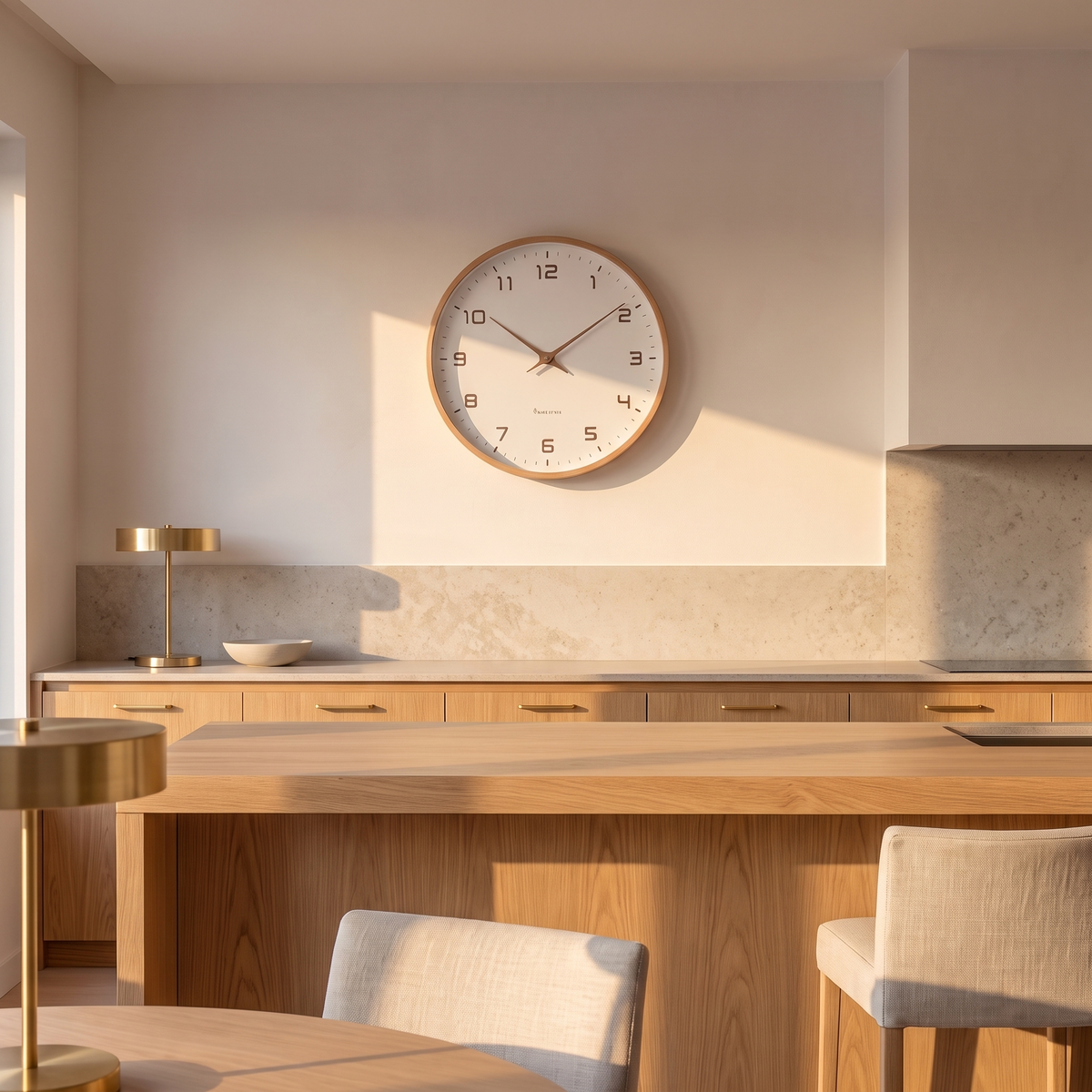 Silent wood frame wall clock mounted on a pale plaster kitchen wall above an oak worktop