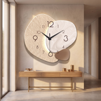 Silent minimalist quartz wall clock on a plaster wall above a slim console table in a long hallway