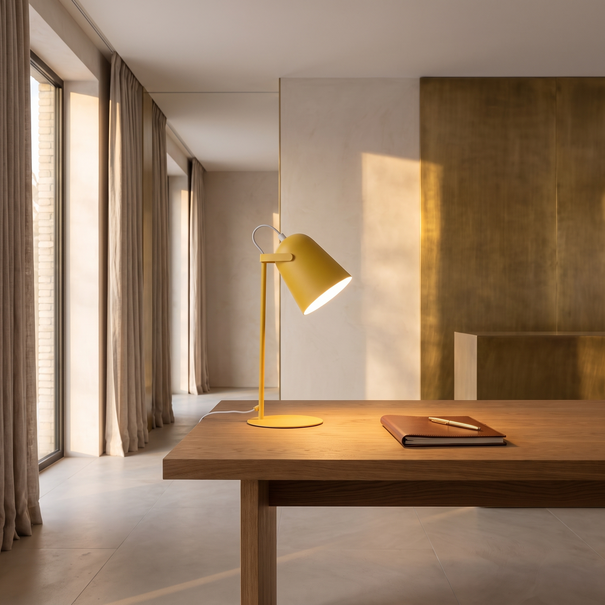 Minimalist metal LED desk lamp on an oak desk beside a closed notebook by a tall window