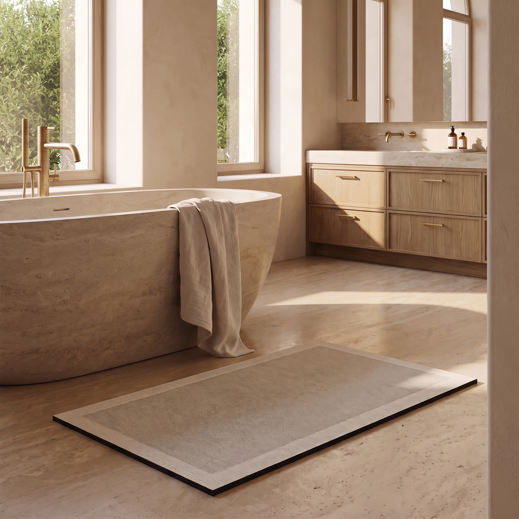 Quick dry absorbent bath mat laid on a honed stone floor beside a freestanding stone bath