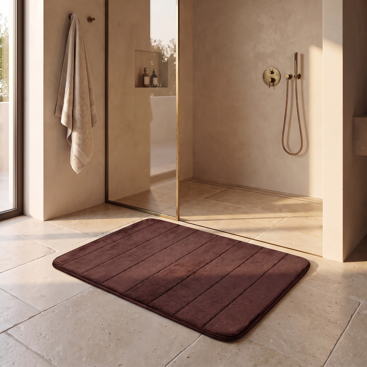Anti slip fast dry bathroom rug on stone flooring beside a glass walk in shower