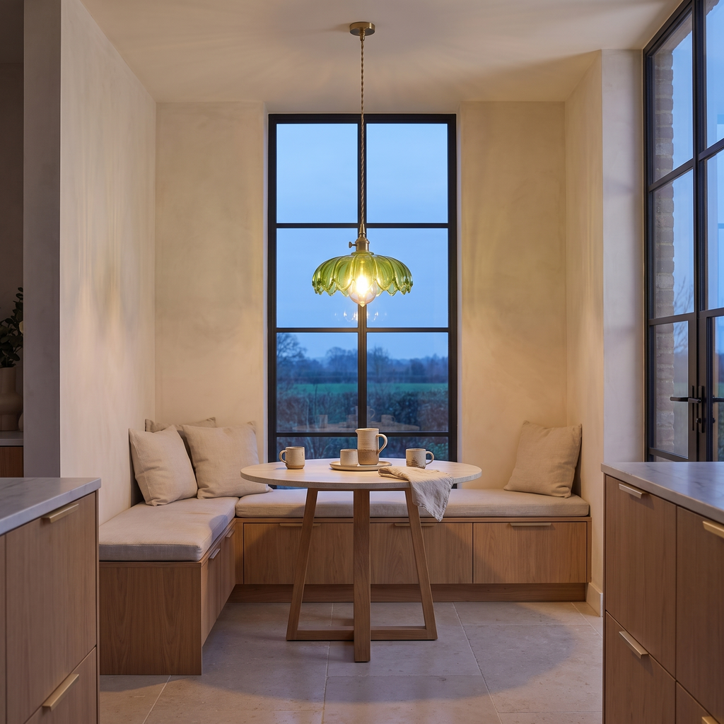 Coloured glass flower pendant lamp hanging above a small breakfast nook table by a window