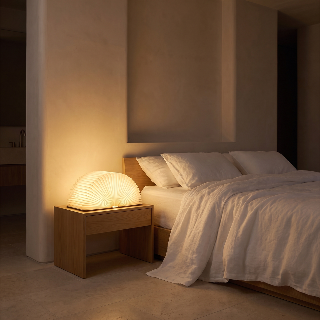 Foldable 360 degree book lamp open on a bedside table beside white linen bedding
