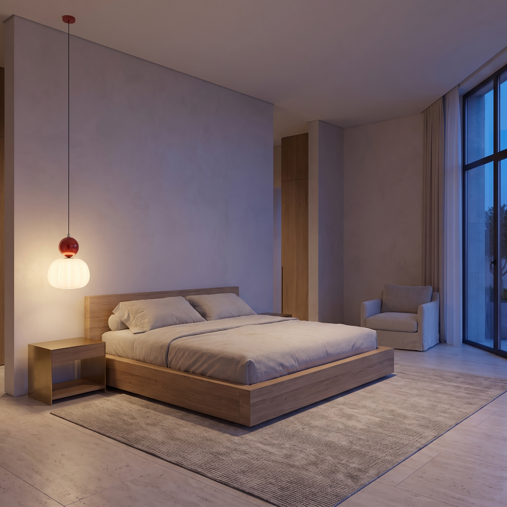 Ribbed pumpkin pendant light hanging low beside a bed in a calm plaster bedroom