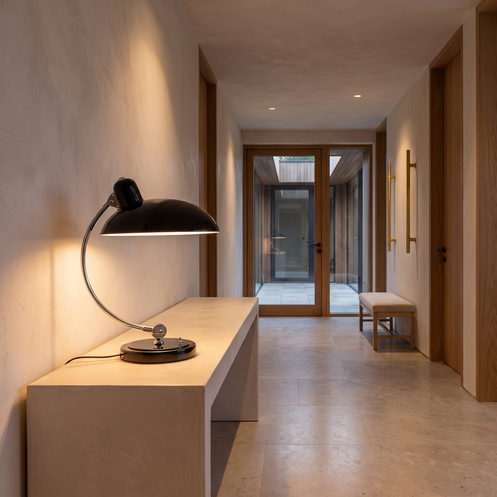 Curved metal Bauhaus table lamp on a plaster console table in a wide hallway