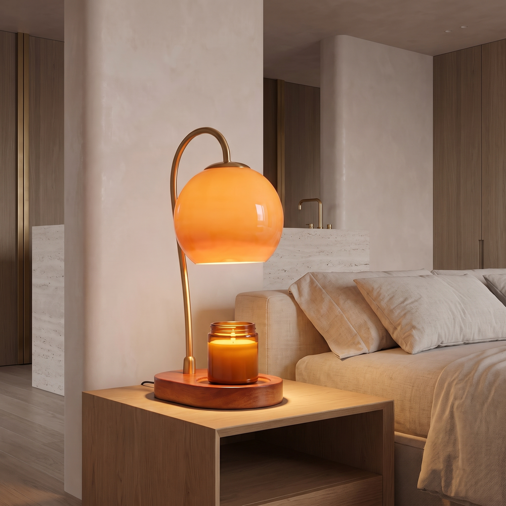Adjustable candle warmer lamp on a bedside table angled over a wide scented candle
