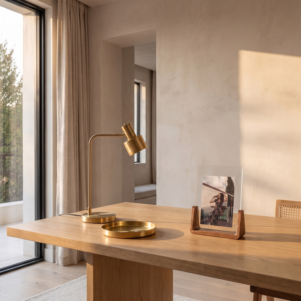 U shaped acrylic and wood photo frame standing on an oak desk beside a shallow brass tray