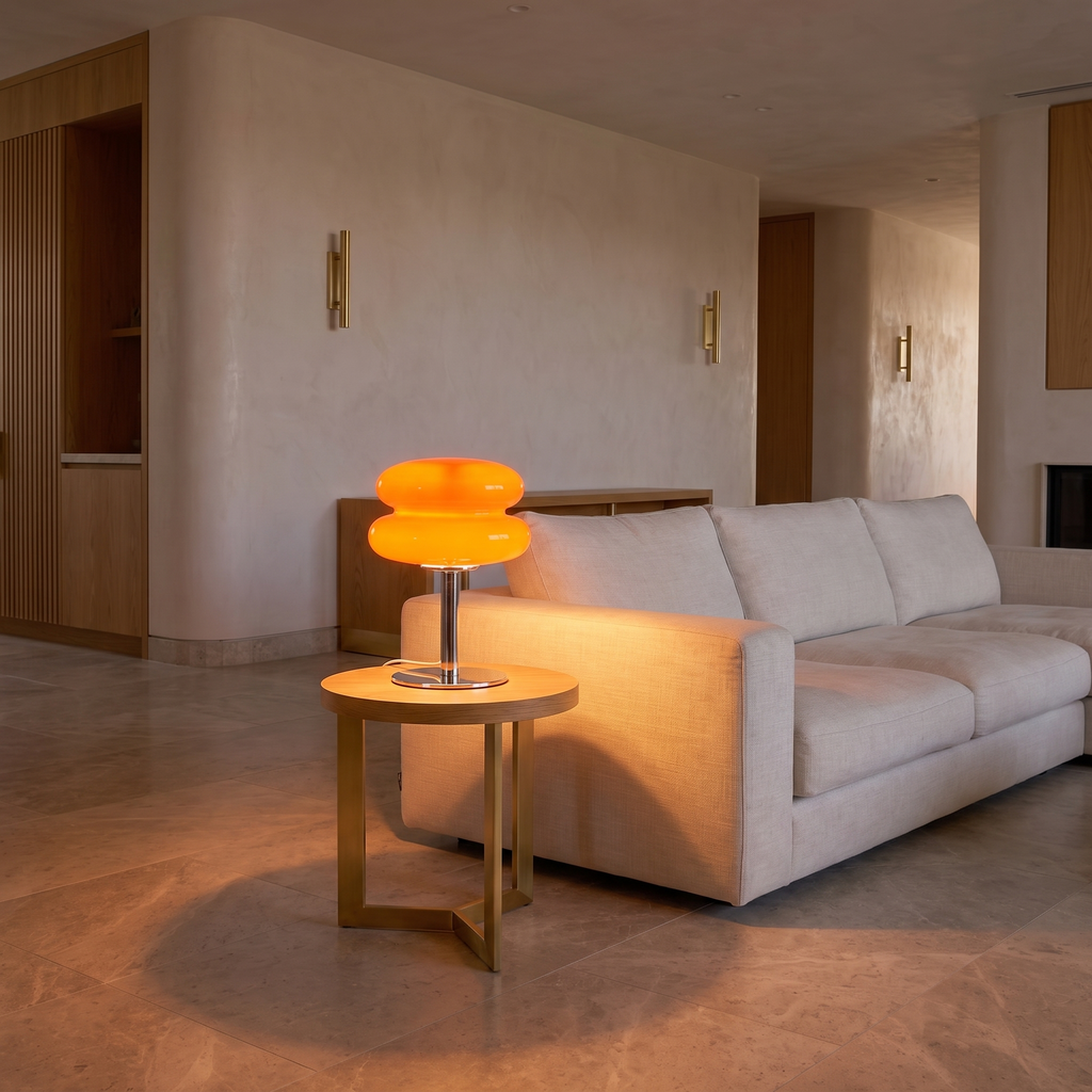 Retro Italian glass table lamp on a small side table beside a pale linen sofa