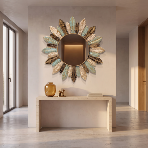 Teal and gold sunburst wall mirror on a plaster wall above a travertine console table