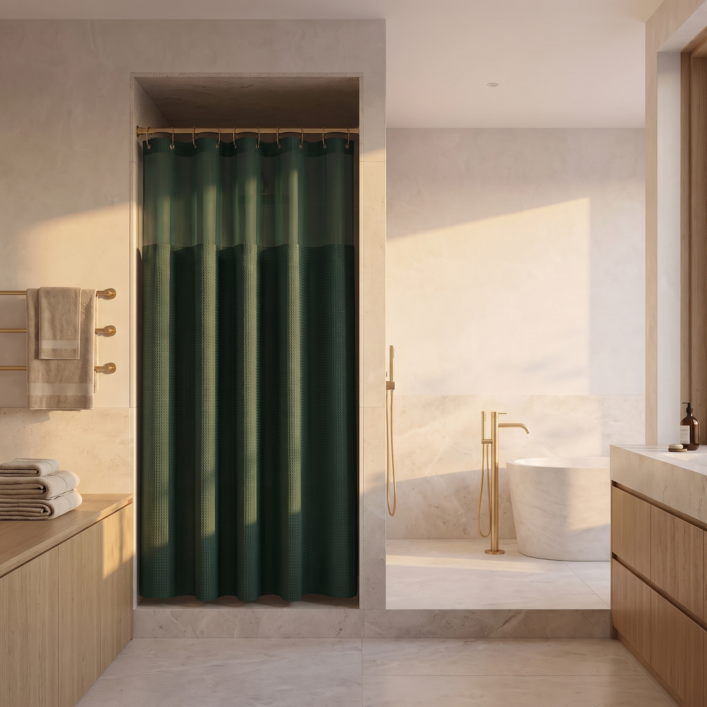 Hookless waterproof shower curtain drawn across a stone walk in shower recess