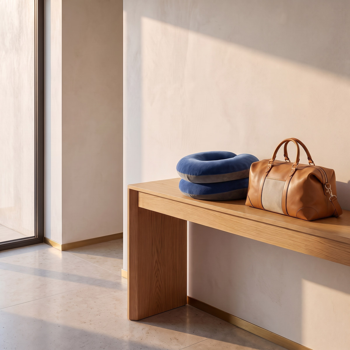 Memory foam chin and neck travel pillow on an oak bench beside a tan leather weekend bag