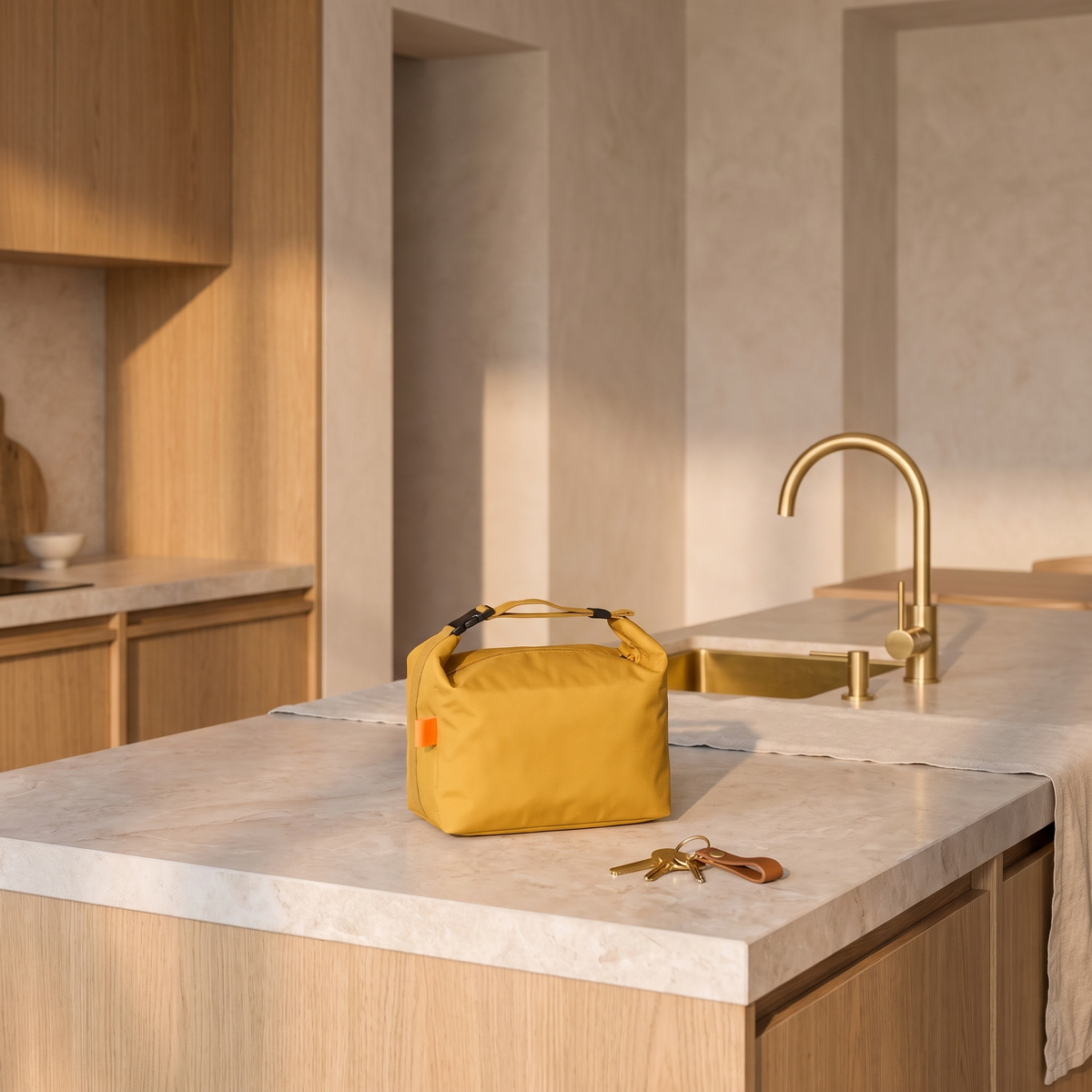 Insulated leakproof lunch bag on a honed stone kitchen counter beside a set of keys